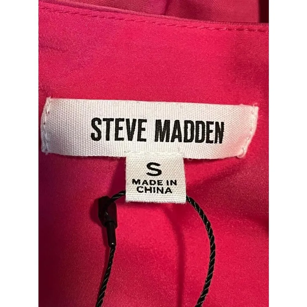 Steve Madden Dress Small Pink One Shoulder Sleeve Short Midi A Line Satin NEW - Image 6