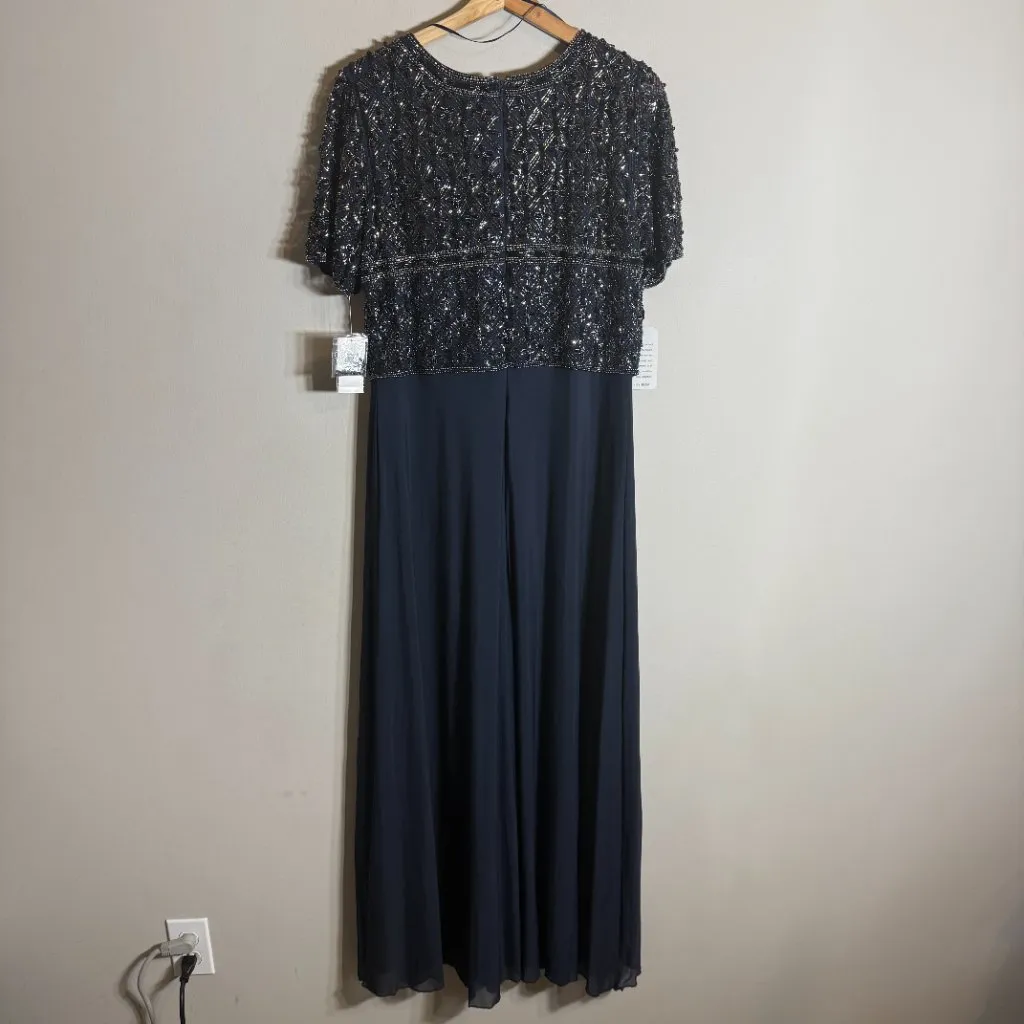 Pisarro Nights Beaded Bodice Chiffon Maxi Gown Womens 12 Blue Formal Wedding NWT - Image 12