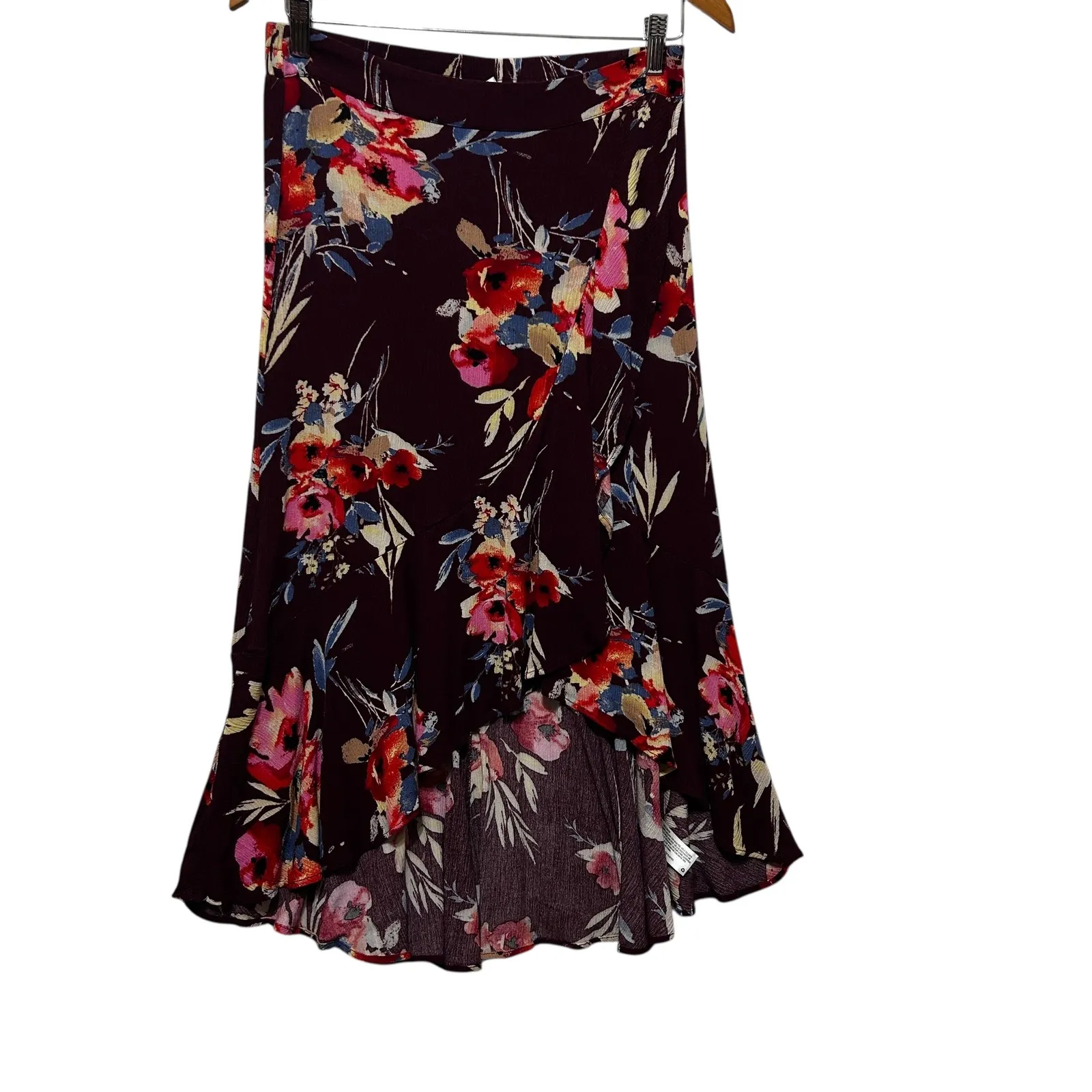 Xhilaration‎ Floral Print High Low Ruffle Hem Skirt M Maroon Floral Whimsigoth - Image 2