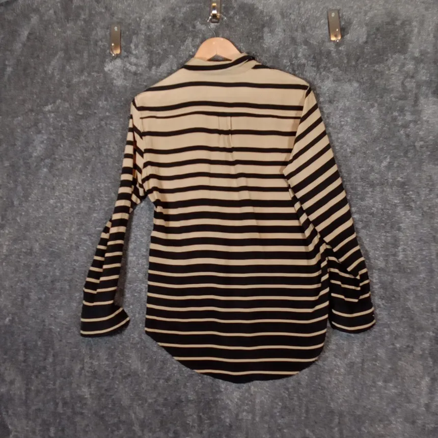 J. McLaughlin Silk Tan Black Striped Button Blouse Womens Large - Image 4