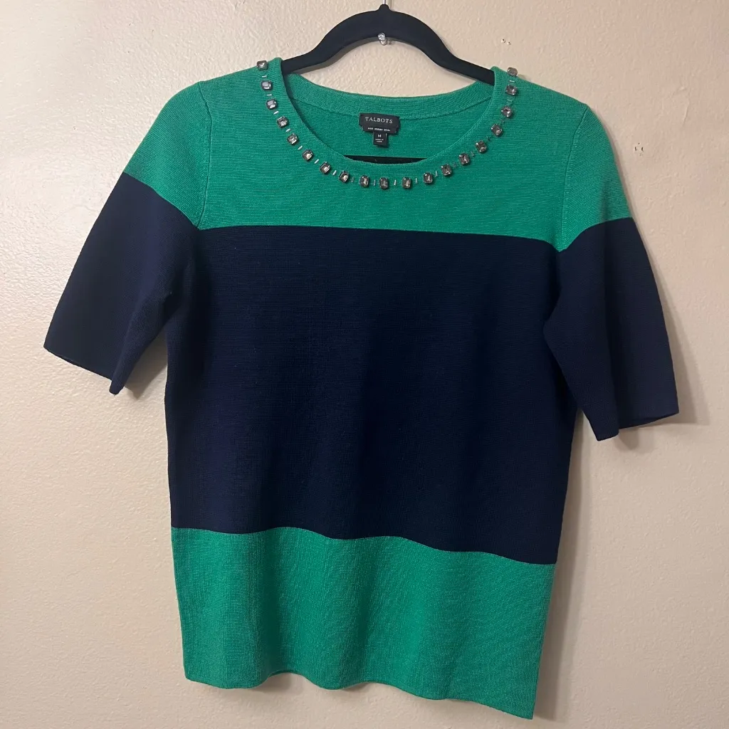 Talbots Women's Merino Wool Rhinestone  Color Block Sweater Short Sleeve Sz M - Image 7