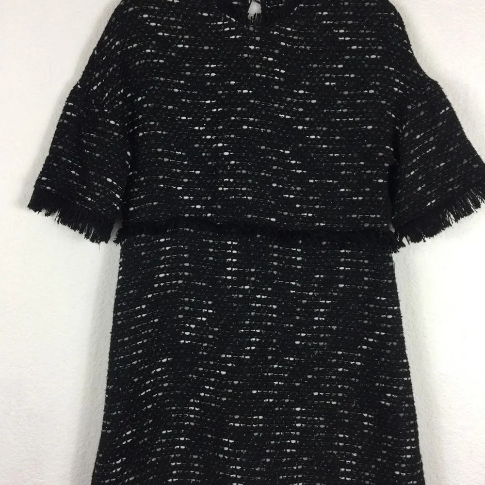 Zara Black Fringe Tweed Textured Knit Wide Sleeve Aline Mini Dress Medium - Image 9