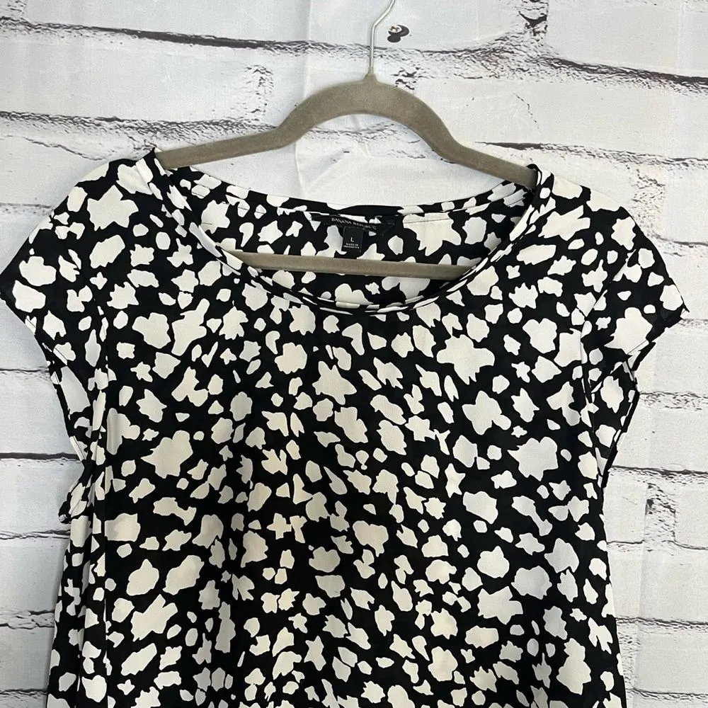 Banana Republic Black and White Blouse Monochrome Cow Print 1/4 Sleeve SZ L Y2K - Image 5