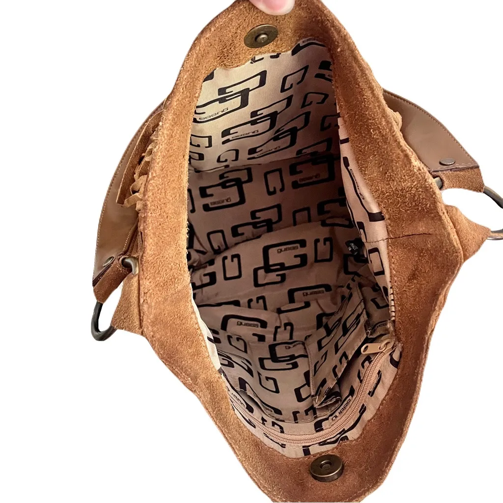Vintage Y2K 90s Guess Tan Suede Fringe Hobo Bag - Image 7