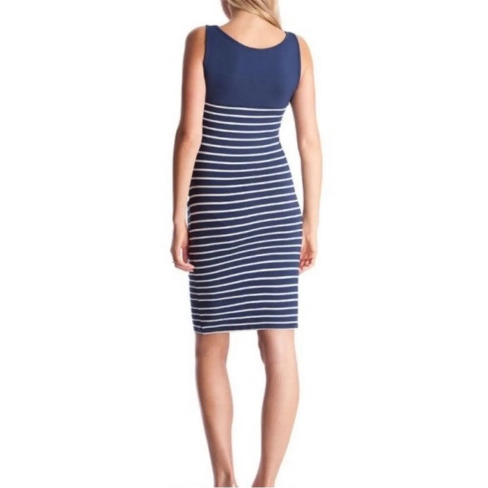 Seraphine Navy & White Striped MATERNITY Scoop neck bodycon Midi Dress Size 6 Blue - Image 2