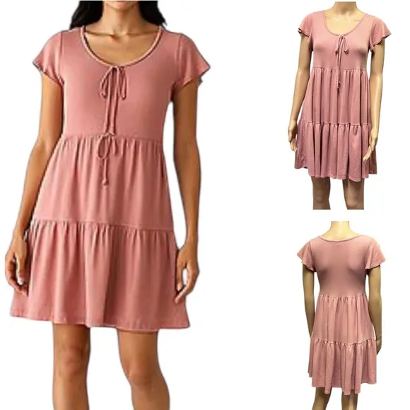 See You Monday Dusty Pink Tiered Rayon Blend Short Sleeve Mini Dress Womens M - Image 2