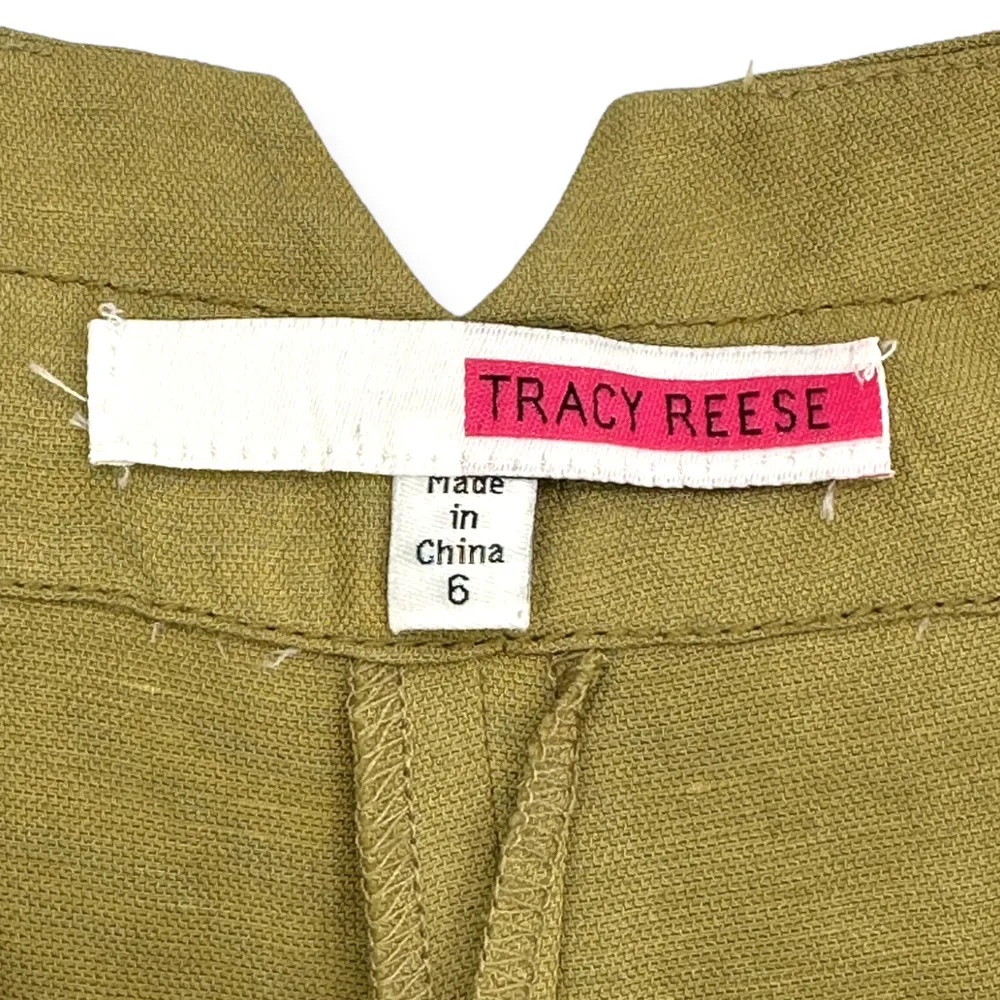 Tracy Reese | Size 6 | Linen Blend Pea Green Notched Tie-Waist Pleated Crop Pant - Image 3