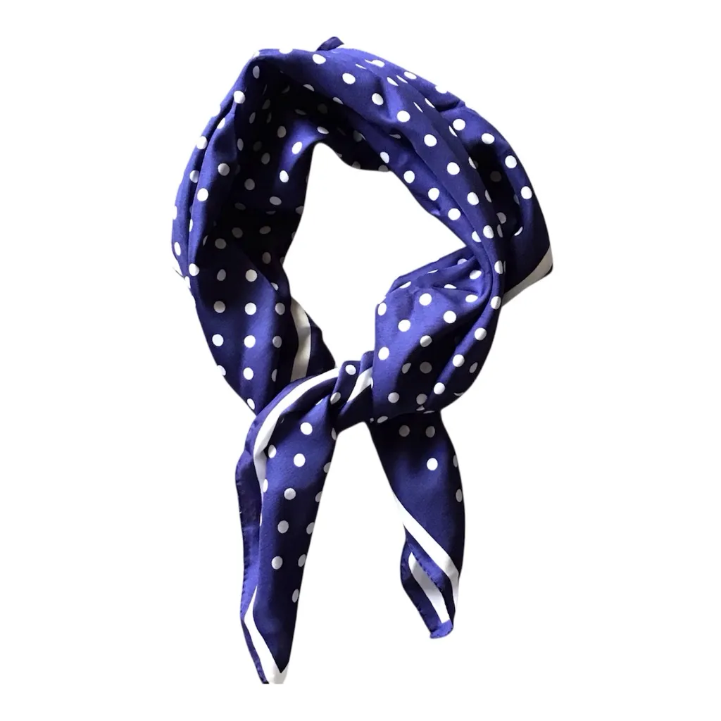 Classic Navy White Polka Dot Silk Feel Square Scarf Neckerchief Bag Charm Preppy Blue - Image 5