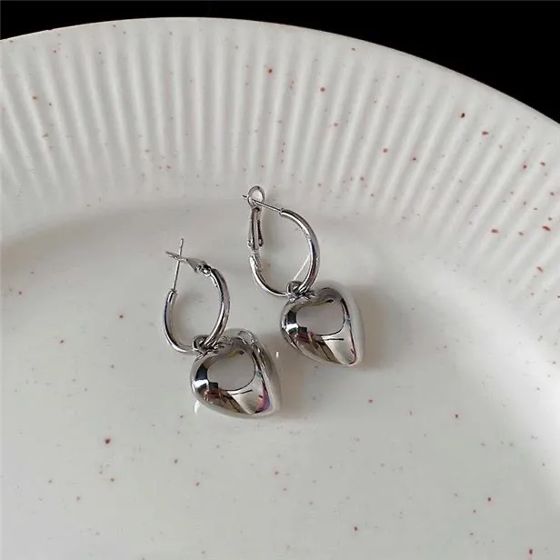 Women's Love Heart Dangle Drop Hoop Earrings Silver - Image 2