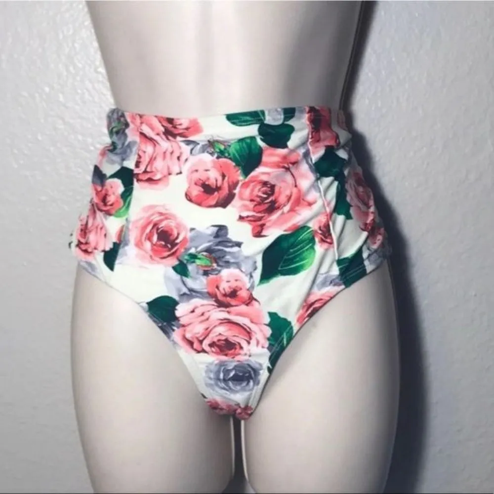 Rose Printed High Waisted Swim Bottoms Size M - Image 3