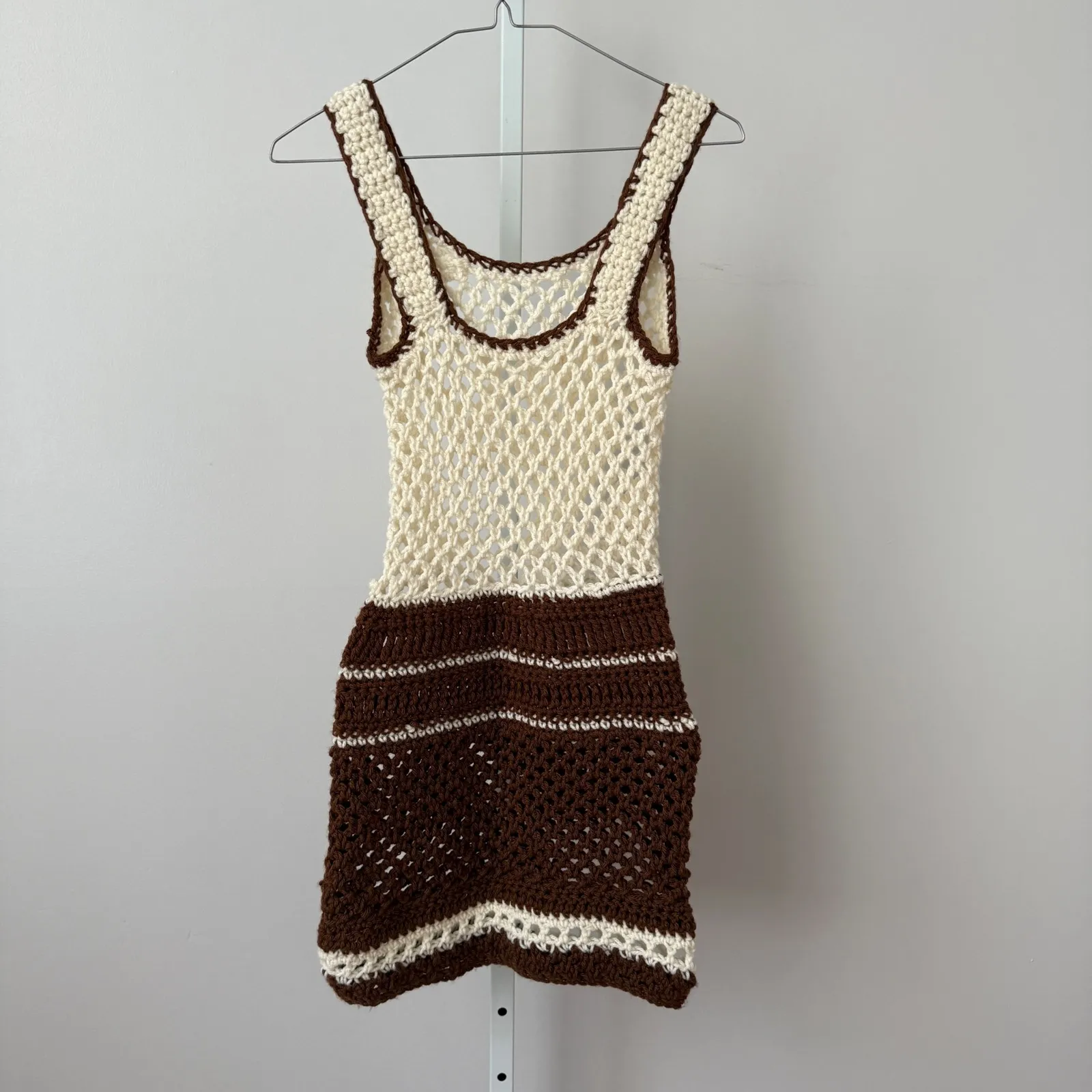 VTG Crochet Knit Mini Dress sz S Cream Brown Striped Sheer Cover Up Beach Boho - Image 4