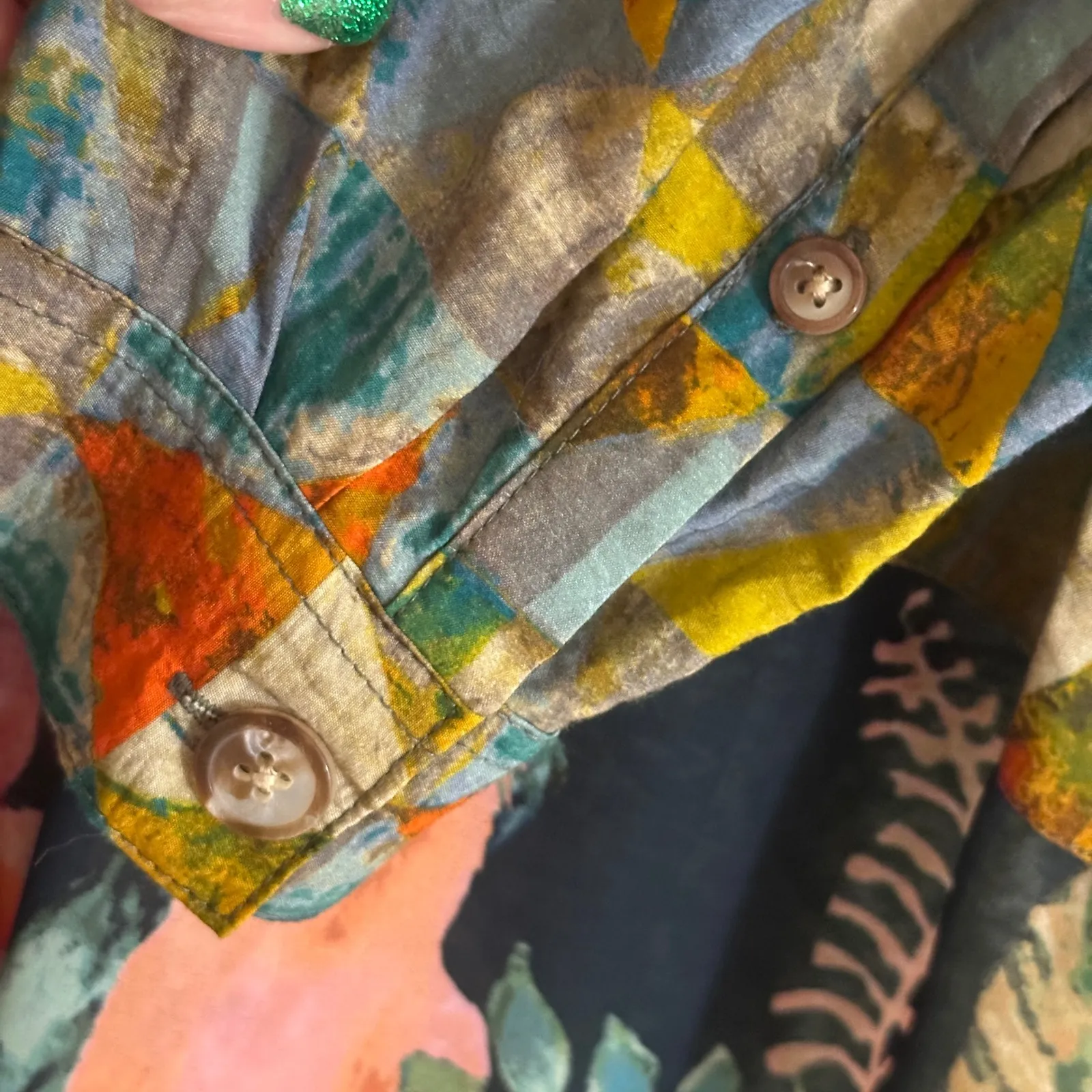 JOHN MARK Patchwork Geometric Floral Print Long Sleeve Shirt Dress Size L Birds - Image 12