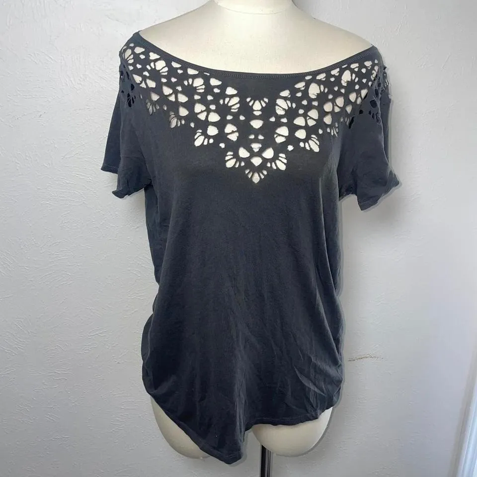 Billabong Open Back Laser Cut Tee Top Black Gray Medium NWT Casual Boho Surf‎ - Image 3