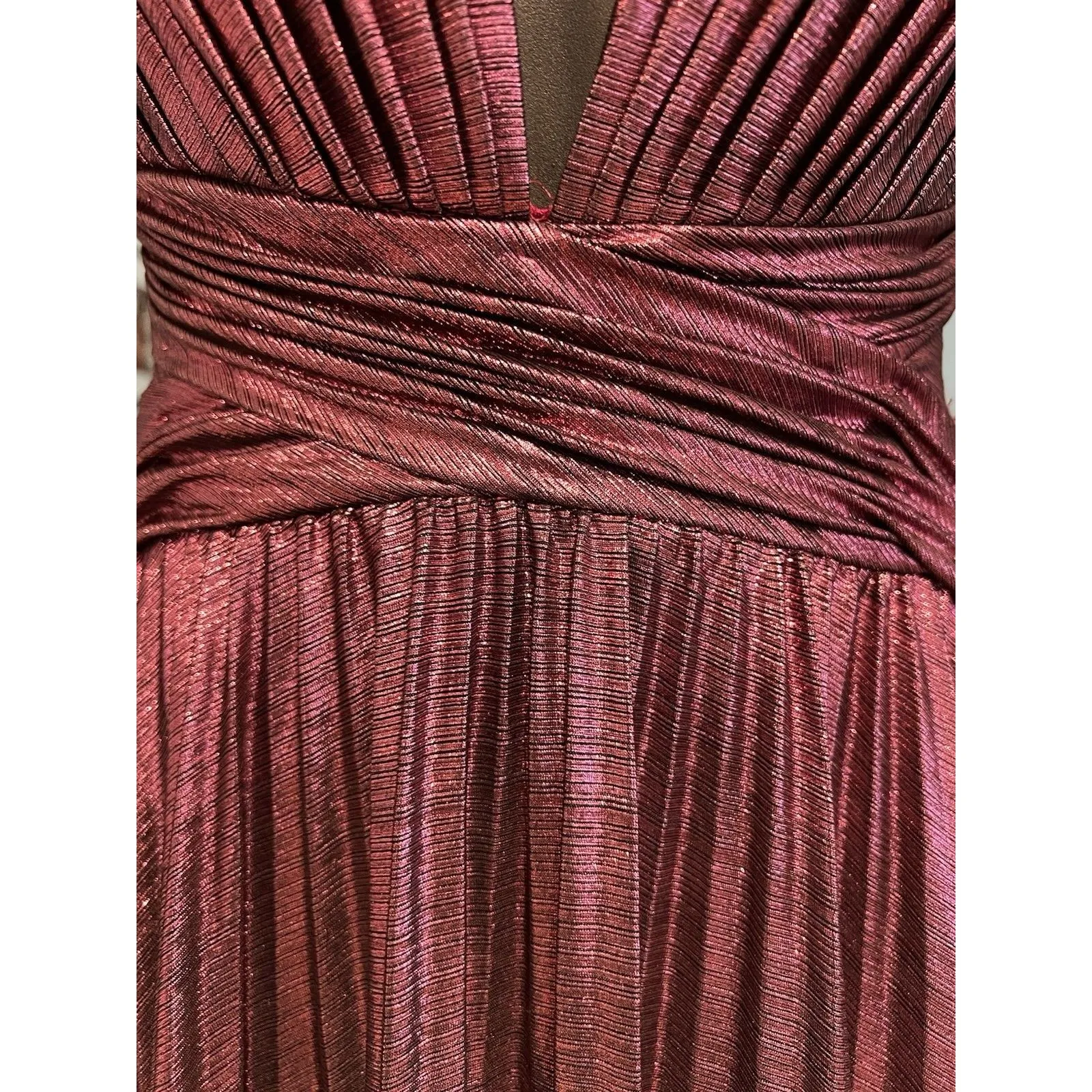 IEENA FOR MAC DUGGAL Pink Ruffle Sleeve Cutout Pleated Metallic Gown - Image 11