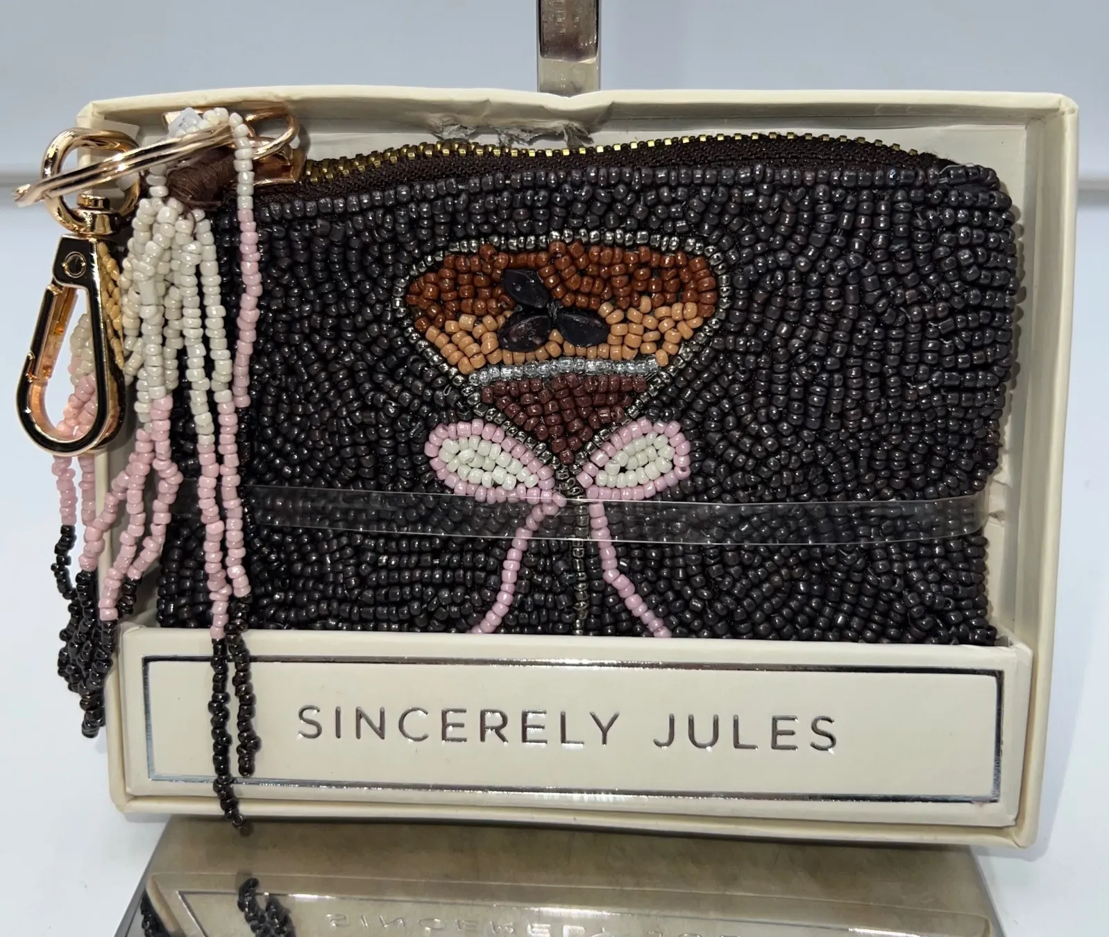 Sincerely Jules Beaded Coin Purse Pouch Martini Glass Pink Bow Gift Box - Image 1