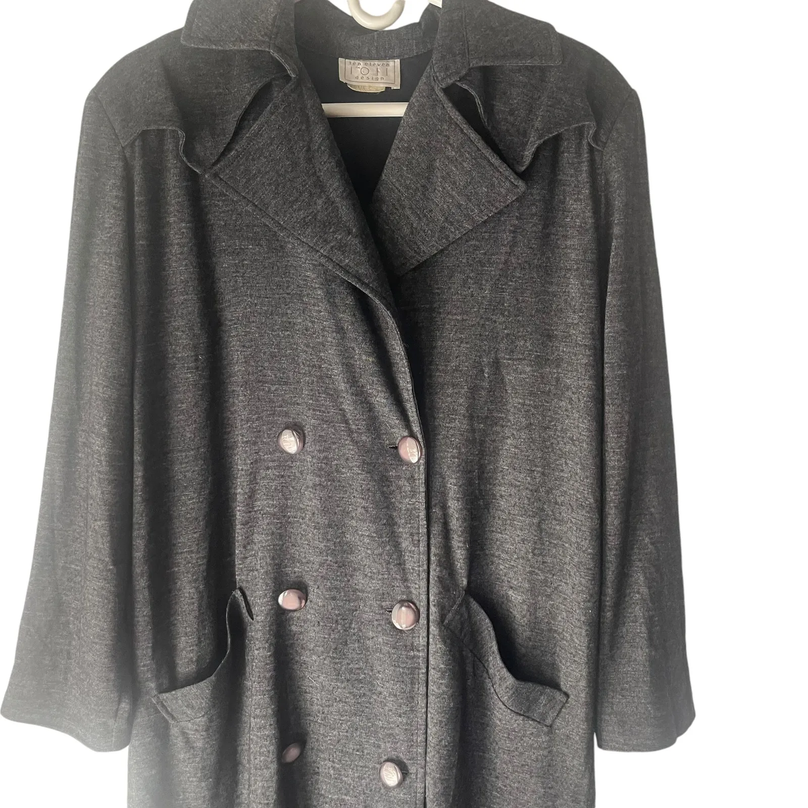 Ten Eleven Vintage 90s Size XL 70% Wool Grey Double Breasted Trench Coat‎ Gray - Image 2