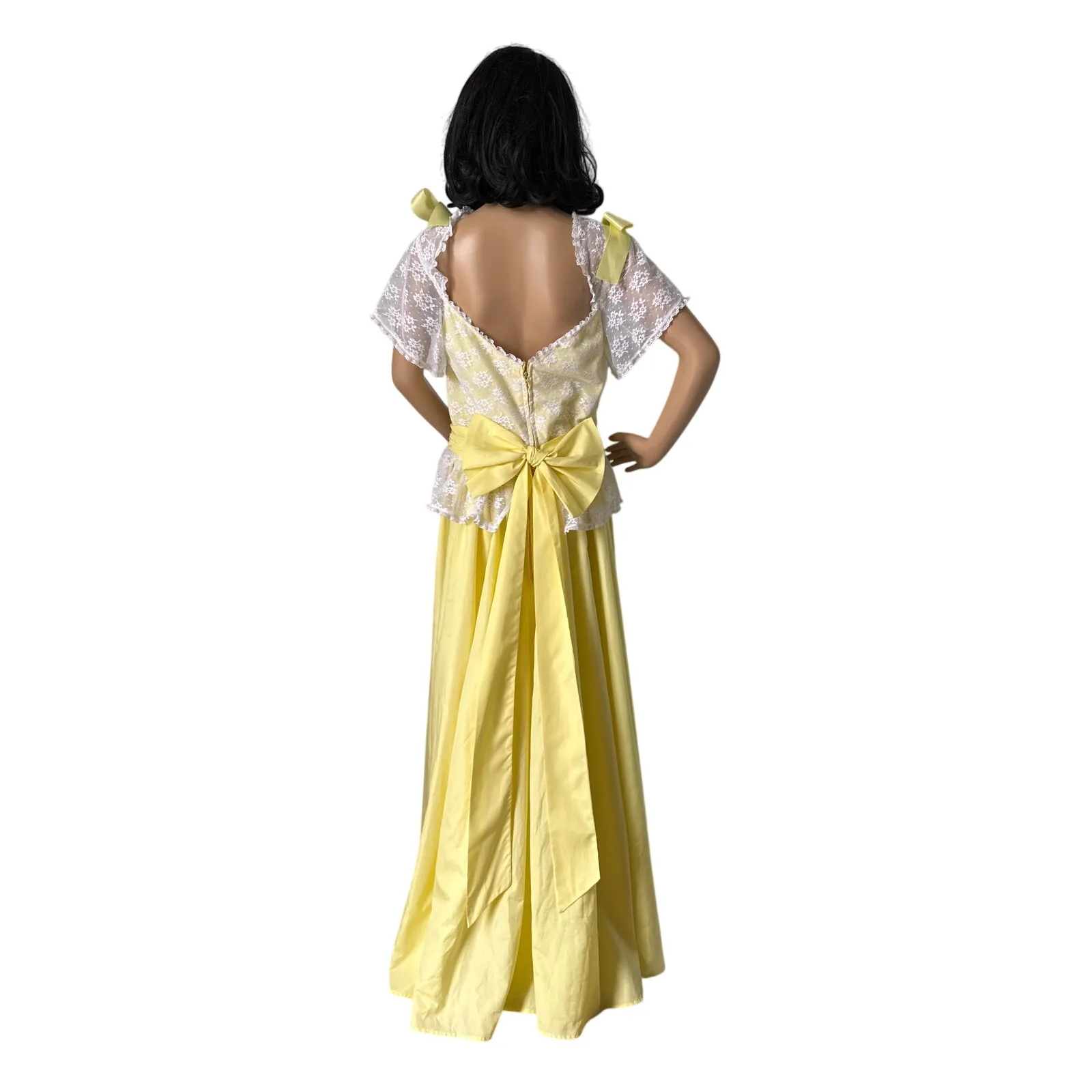 American vintage OOAK yellow white lace formal gown flutter sleeves bow medium - Image 3