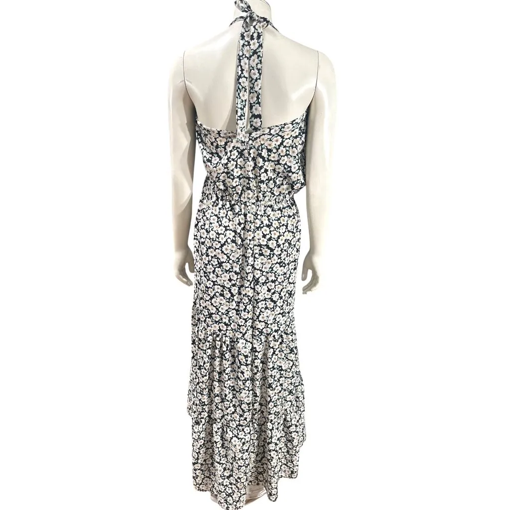 Pretty Garden M Navy White Floral Halter Backless Tiered Ruffle Maxi Boho Dress - Image 4