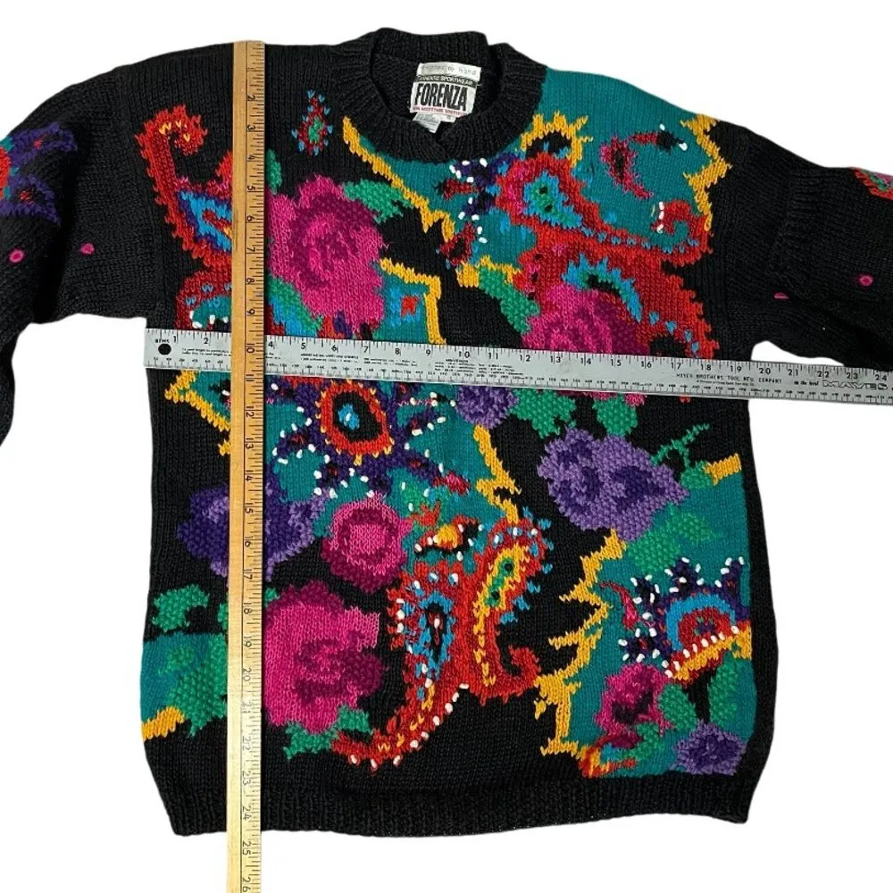 FORENZA Hand Knit Sweater Black Bright Colored Floral Womens Size Small VINTAGE - Image 5