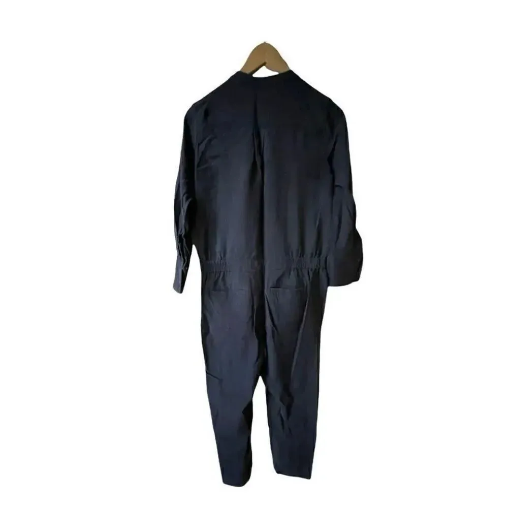 J Crew Women Navy Drapery Oxford Jumpsuit Long Sleeve Elastic Waist SZ 2 Blue - Image 6