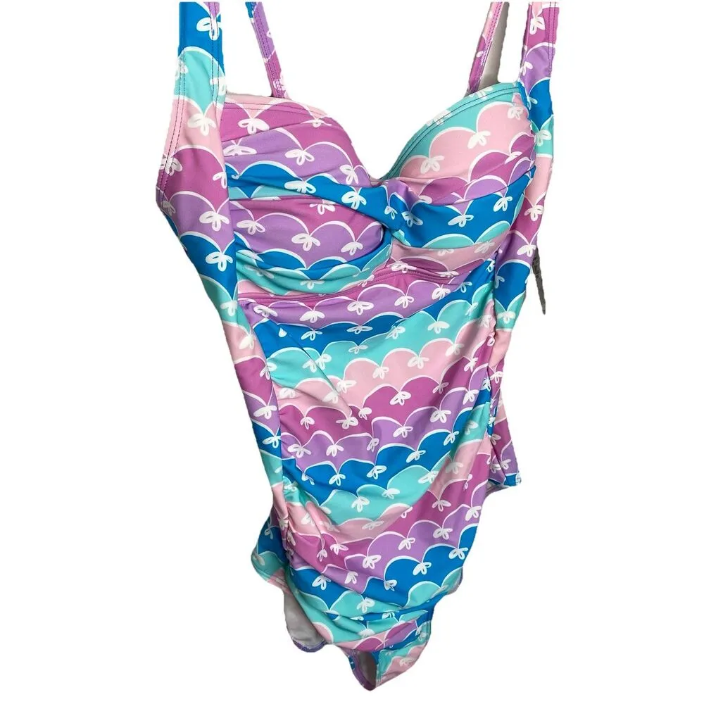 ROMENZA Targo Multicolor One Piece Swimsuit Green Pink Purple Size Medium New - Image 2