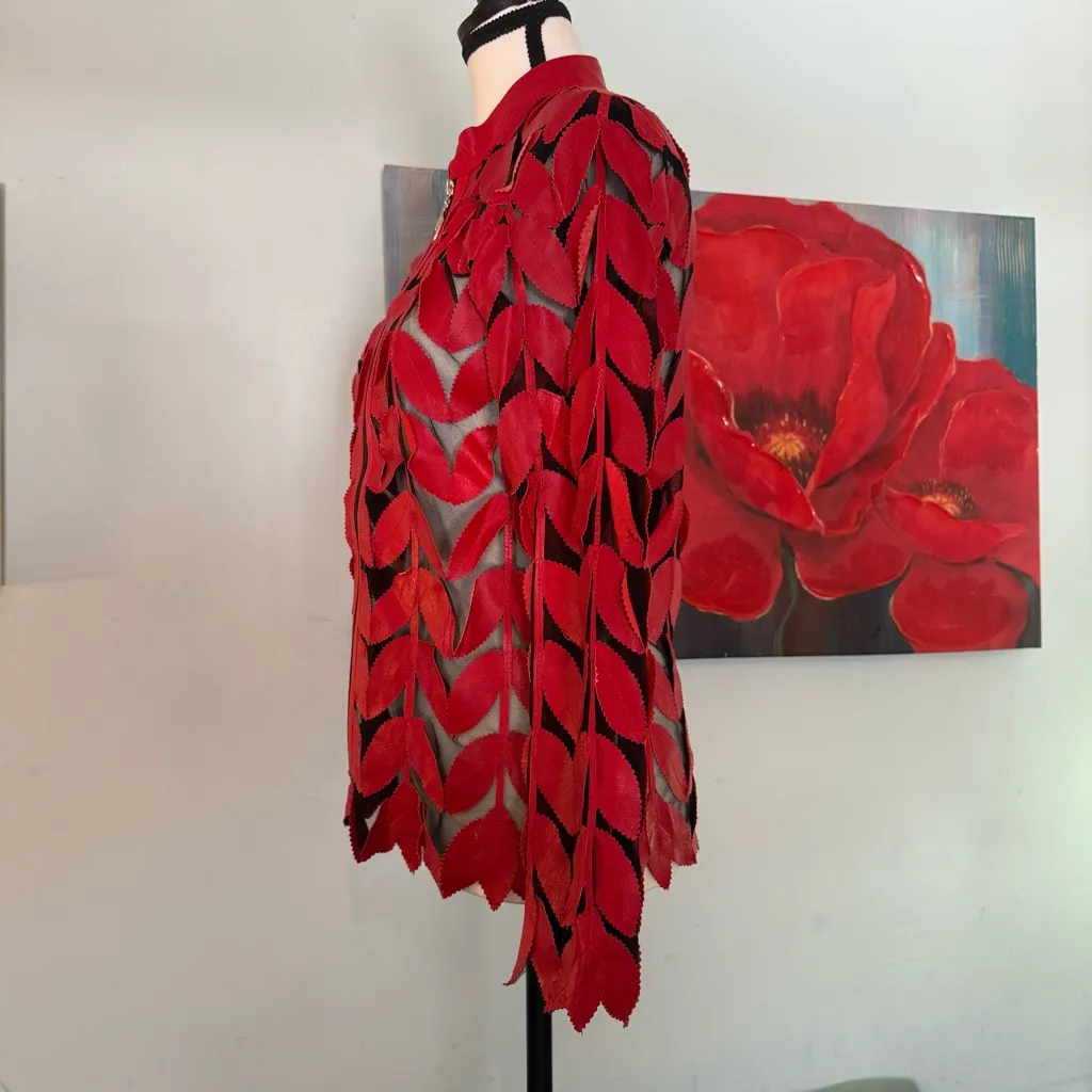 ECHT  Leder Vtg Red Leather cutout Leaves on Netting Jacket Sz M Medium Blazer - Image 3