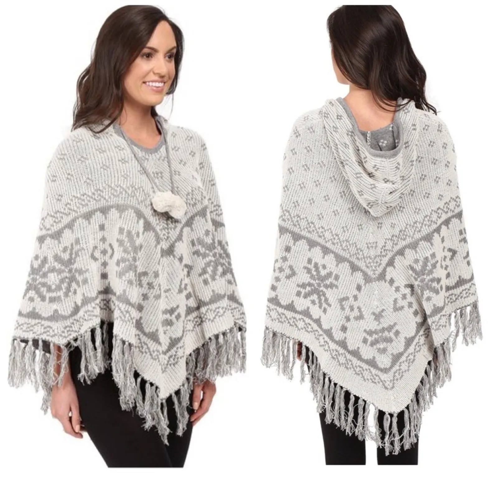 P.J. Salvage Gray Fair Isle Reversible Knit Poncho S/M Asymmetrical Hemline NEW - Image 2