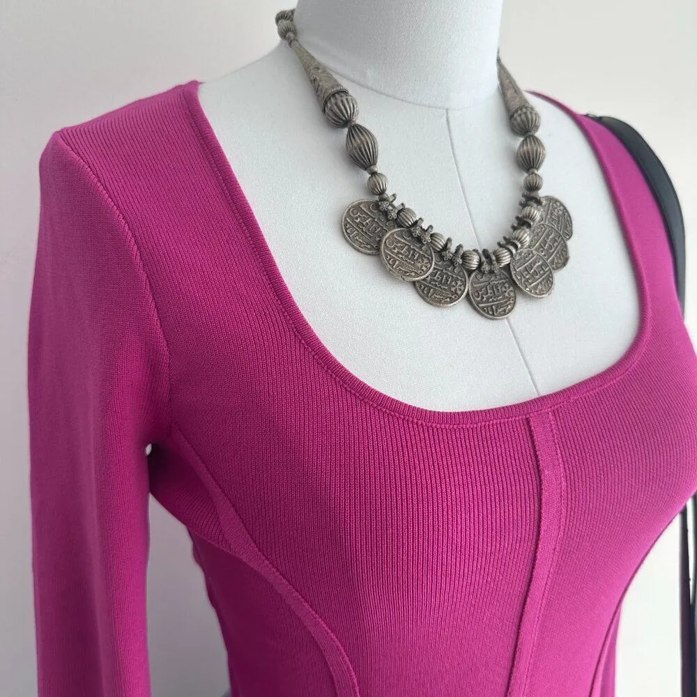 Happily Grey Fuchsia pink Long Sleeve Scoop Neck Fitted Stretchy Top Size Large Pink - Image 5