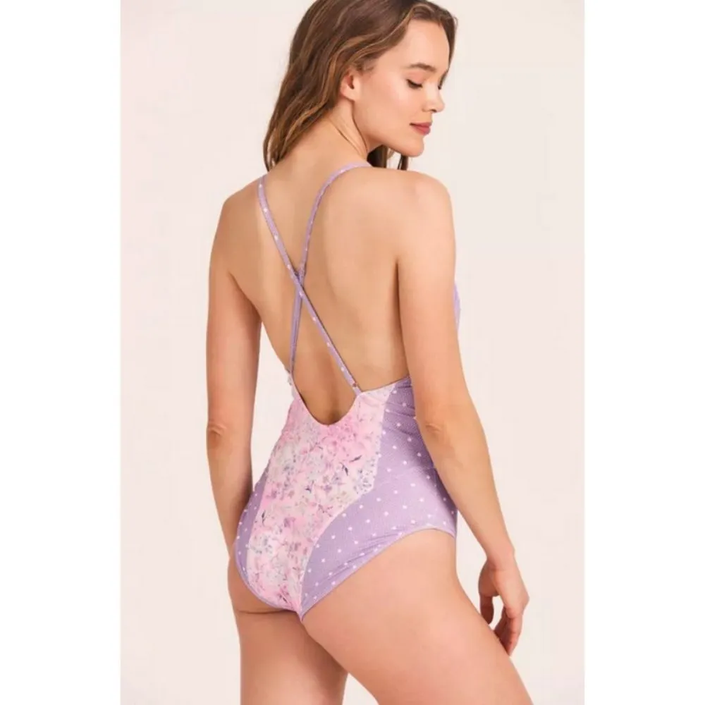 💕LOVESHACKFANCY💕 Shailee One-Piece Swimsuit ~ Purple Pansy Print Large L NWOT - Image 6
