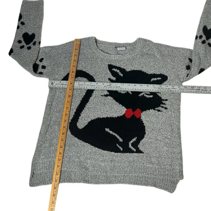 POOF Grey Black Cat Pullover Sweater Paw Prints Round Neck Womens Size Medium - Image 6