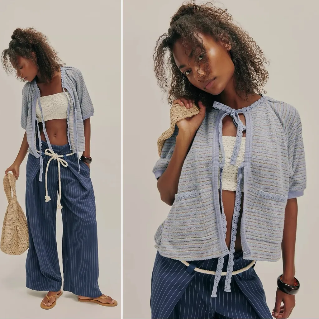 Free People Crochet Terry Cloth Sweatshirt Cardigan Periwinkle Stripes Large - Image 3