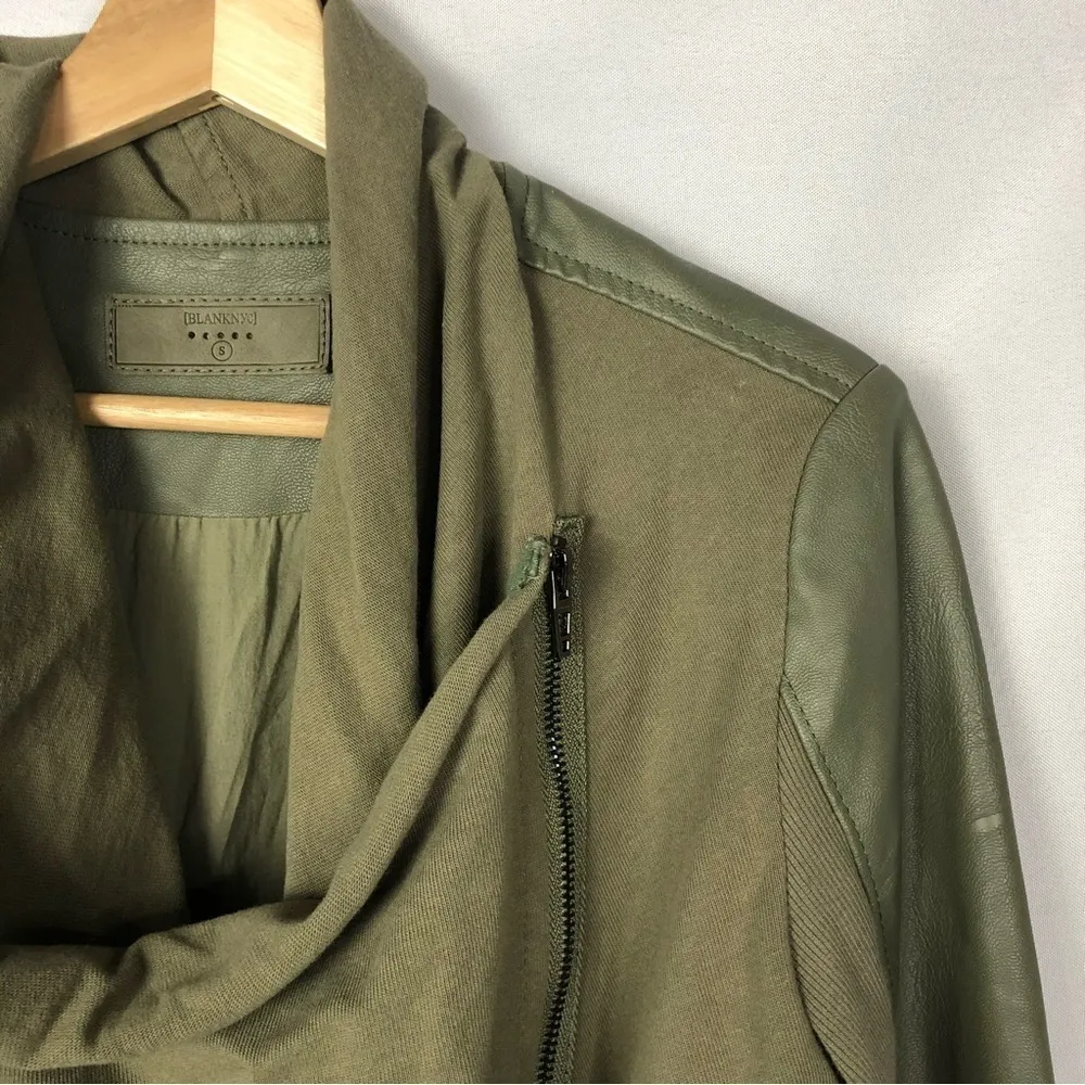 BlankNYC Olive Green Drape Front Faux Leather Moto Jacket S - Image 4