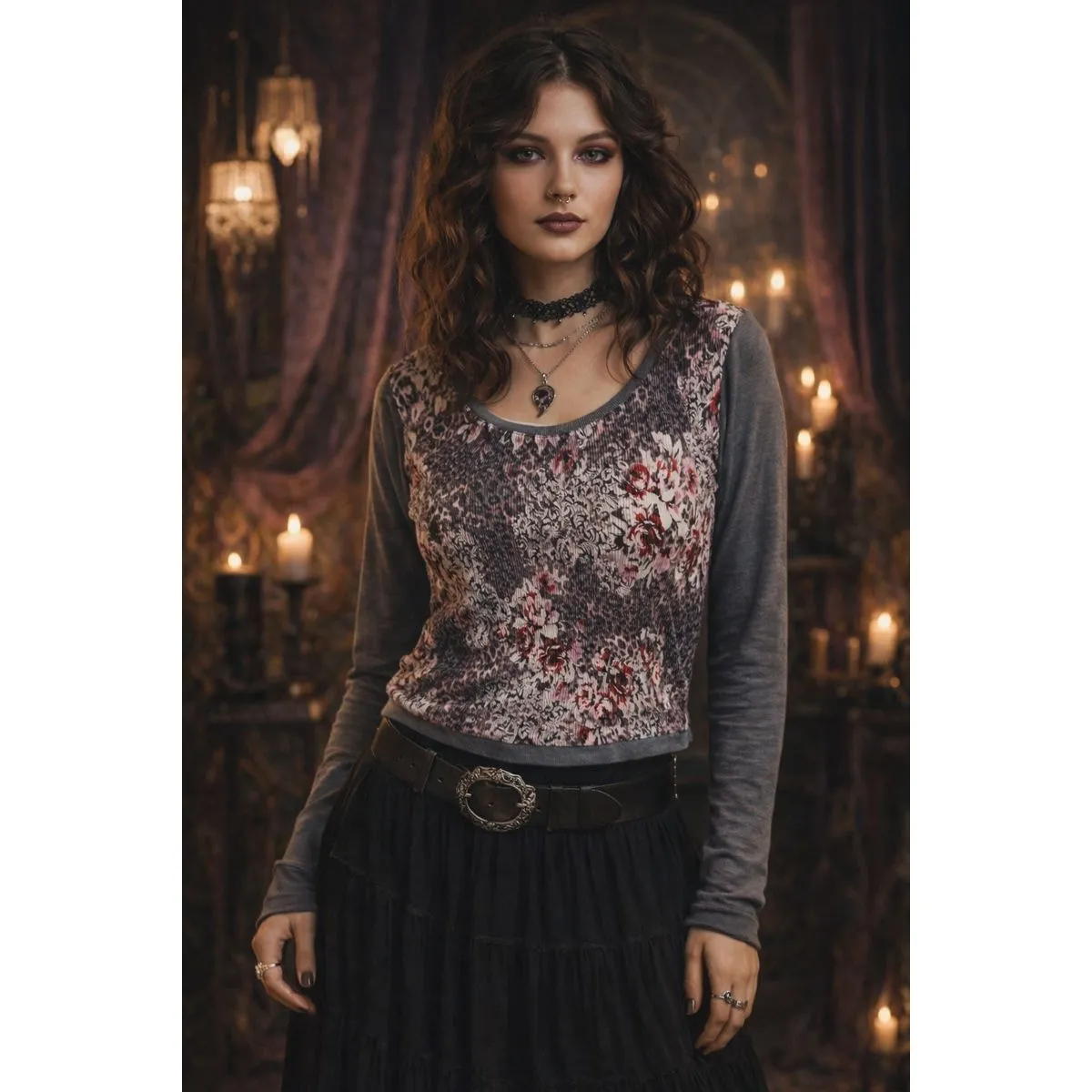 Y2K Whimsigoth Dark Floral Ribbed Long Sleeve Blouse Medium Romantic Fairy Goth - Image 2