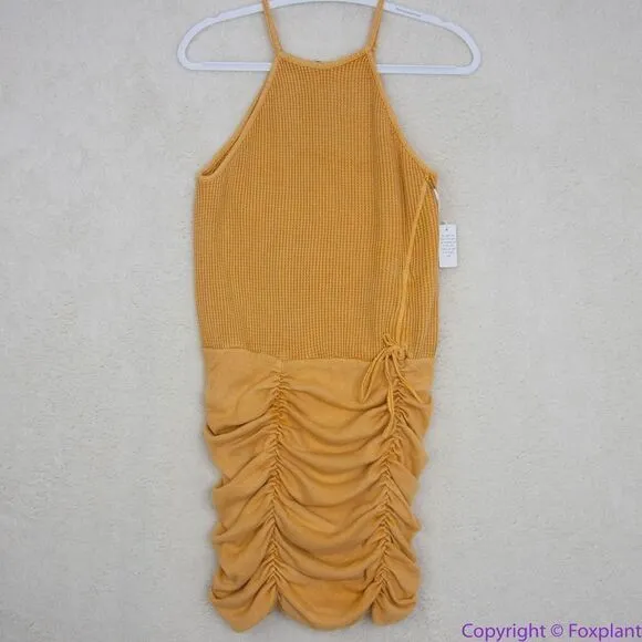 NEW Free People One Katya Golden Yellow Thermal‎ Ruched Mini Dress, L - Image 2