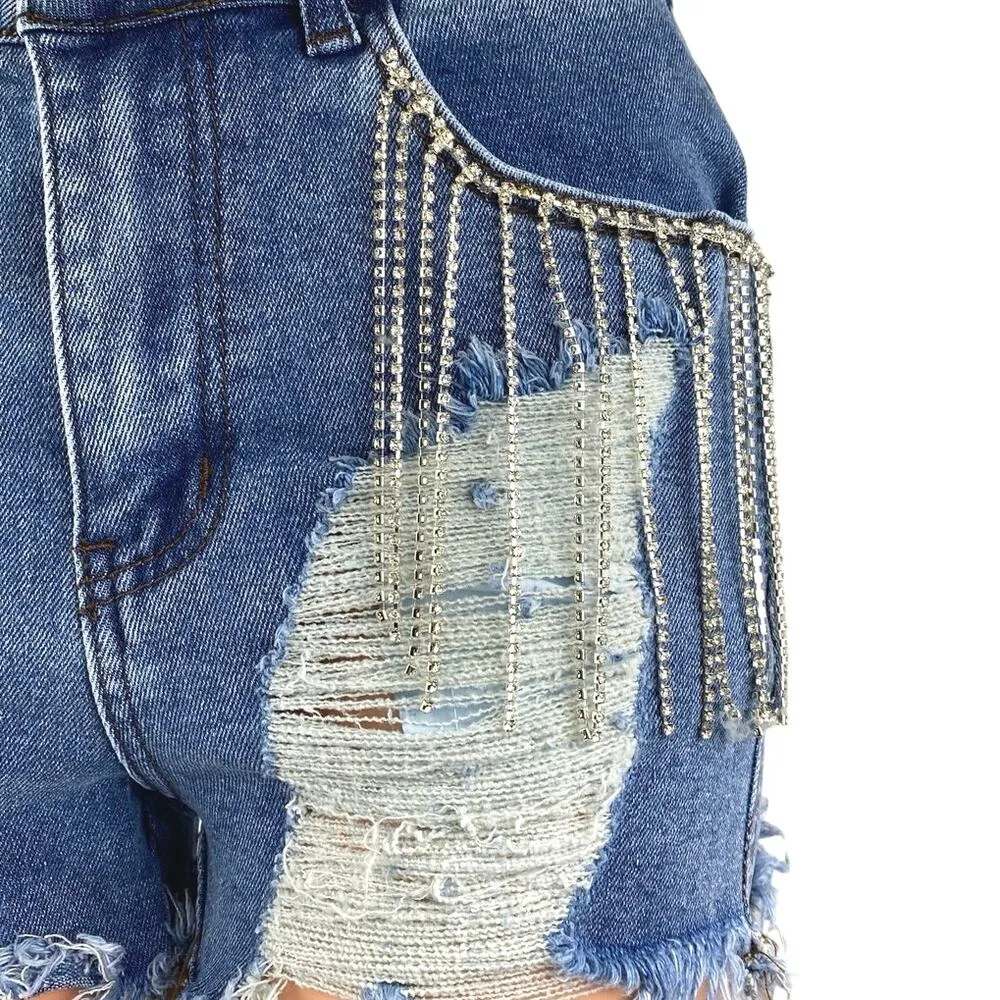 Women's Blue Rhinestone Distressed Fringe High Rise Cut - Image 4