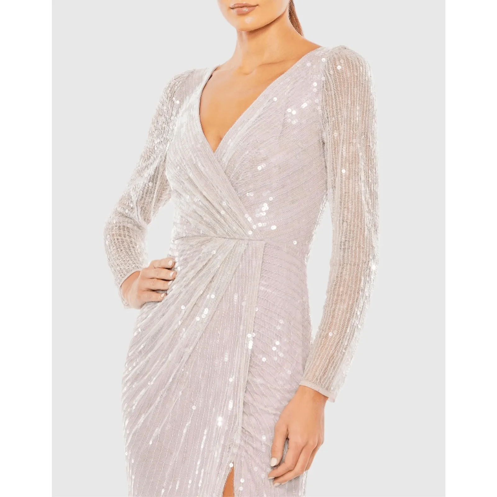 Mac Duggal NWT Sequined Faux Wrap Long Sleeve Gown in Lavender Size 14 - Image 2