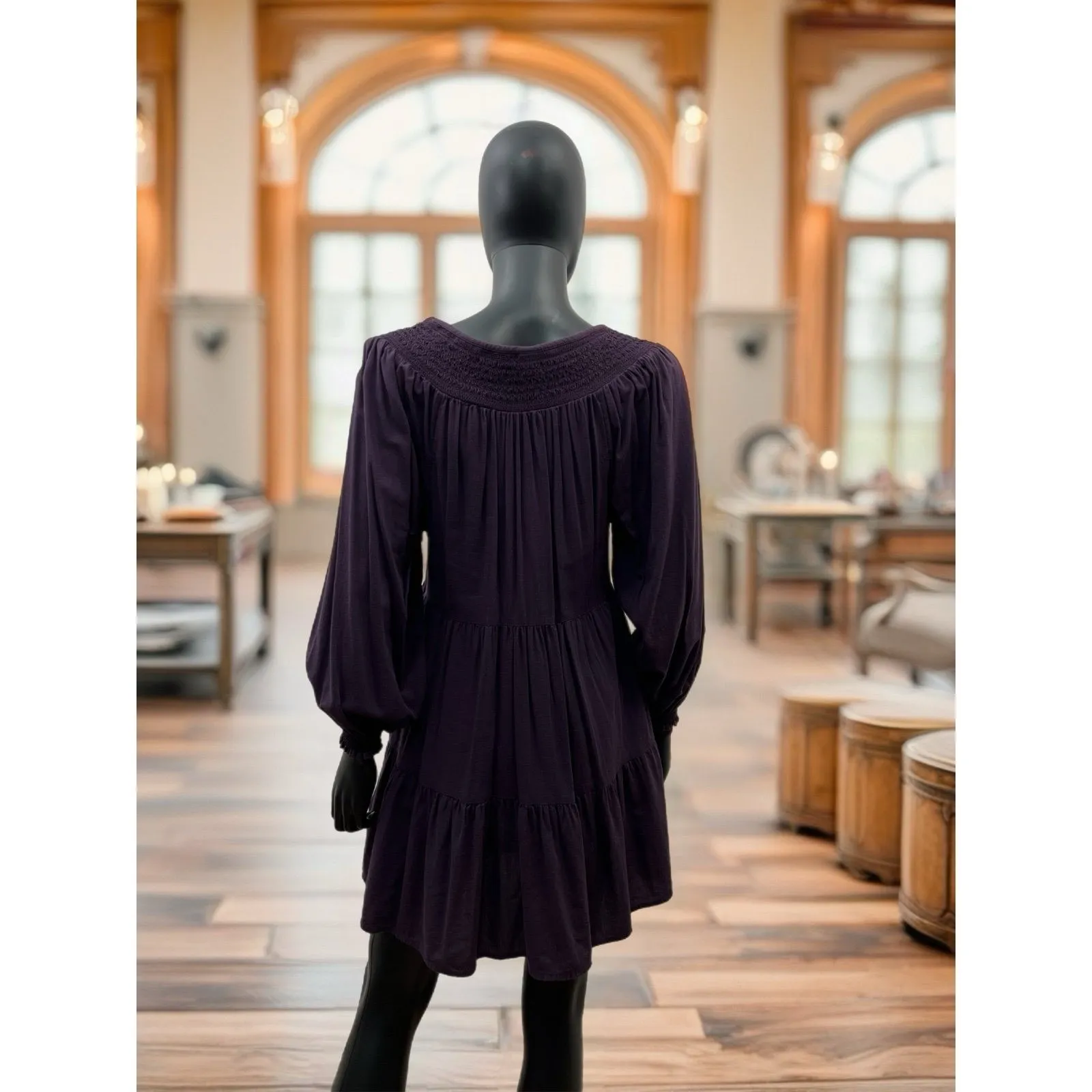 Old Navy Purple Smocked Tiered Mini Dress Women’s S Long Sleeve‎ Boho - Image 3