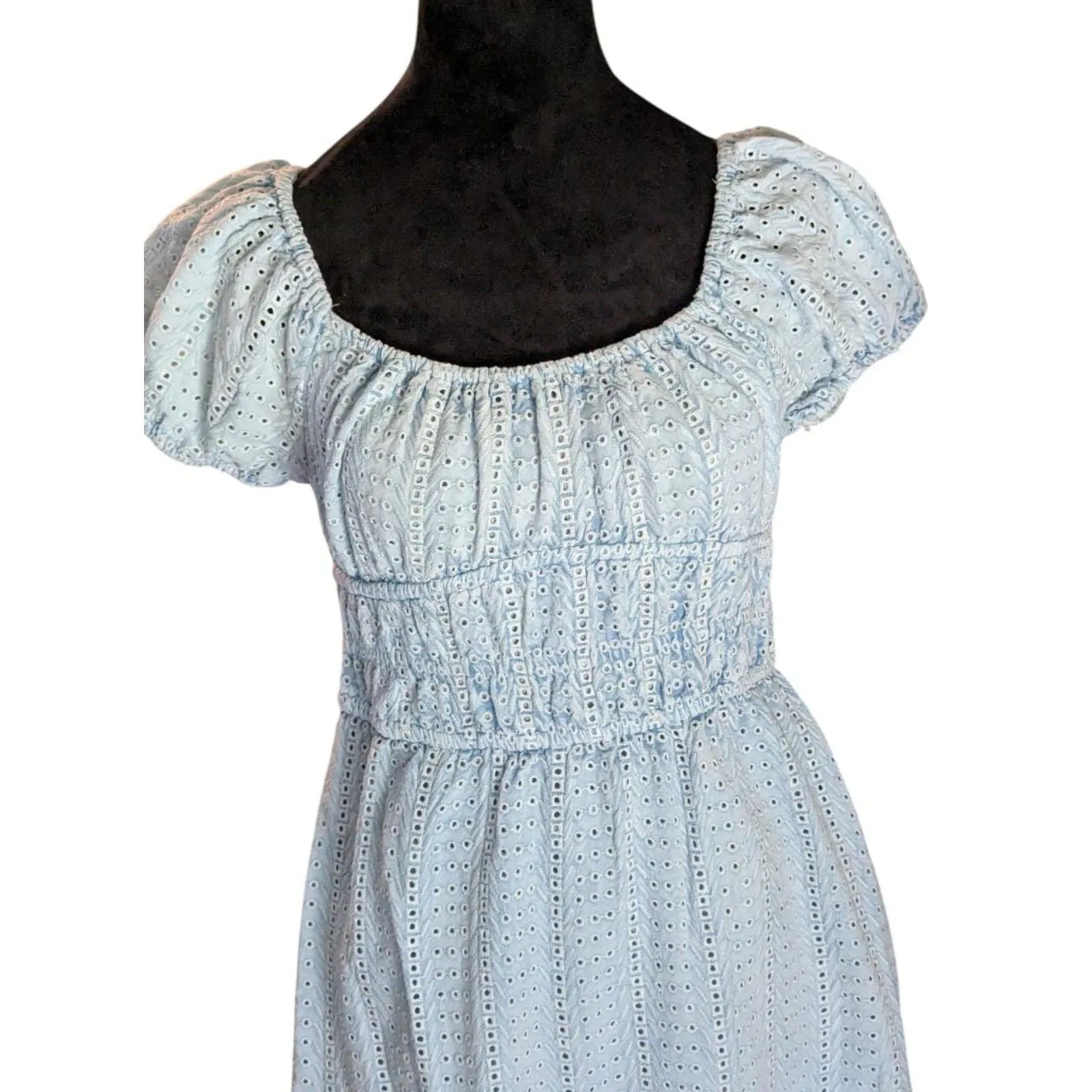 SIM & SAM Light Blue Eyelet Mini Dress Boho Cottagecore  M - Image 4