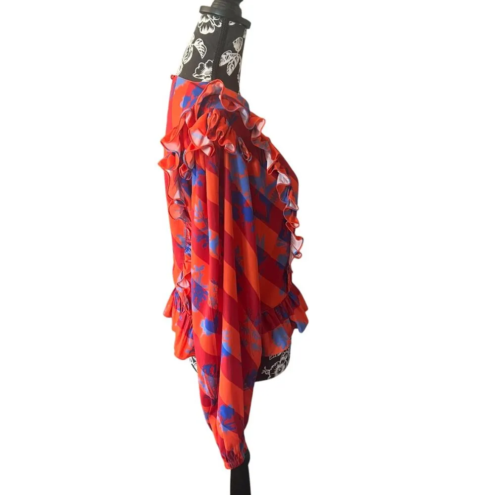 Siddhartha Bansal Ruffled Mansard Blouse Orange Colorful Red Orange Floral MED - Image 2
