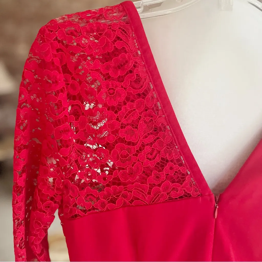 Venus Dress Red Lace Faux Wrap Mini Long Sleeve 6 Cocktail Party Chic Glam - Image 13
