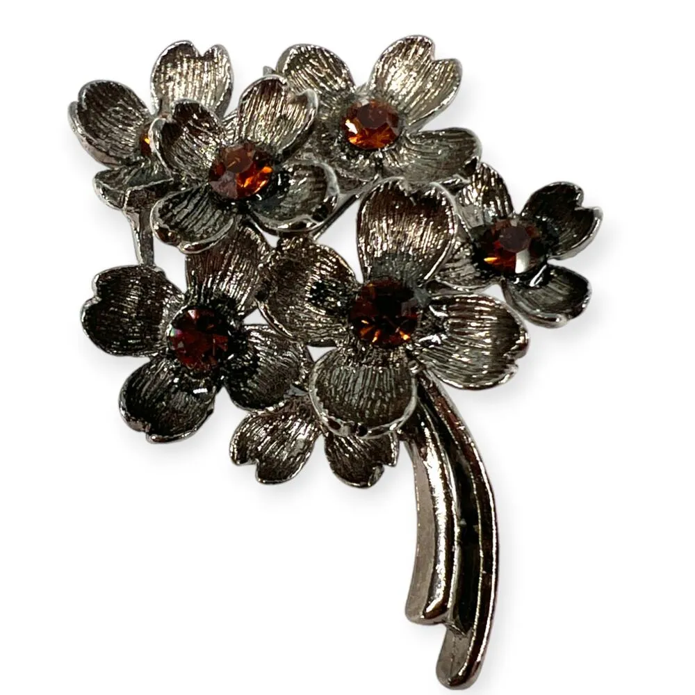 Vintage Dainty Hessonite Citrine Deep Amber Garnet Pin Brouch Bouquet Flowers Silver - Image 4