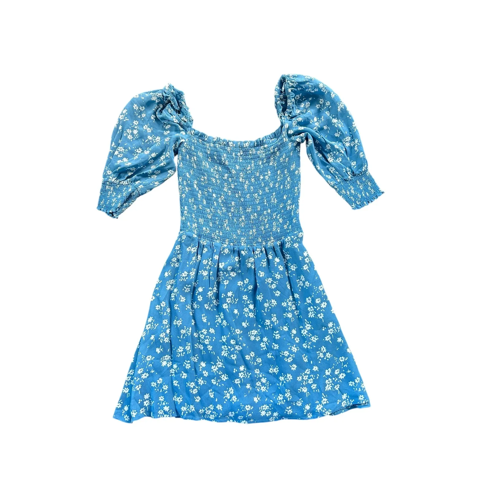 Reformation Elle Blue Floral Smocked Puff Sleeve Square Neck Mini Dress Size 2 - Image 4