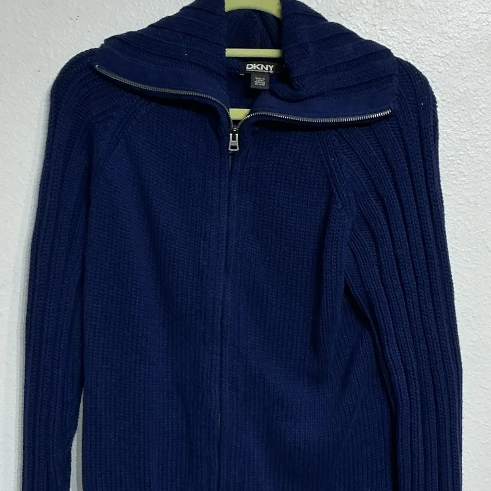 DKNY Navy Blue Knit Full Zip Sweater Sz M - Image 3