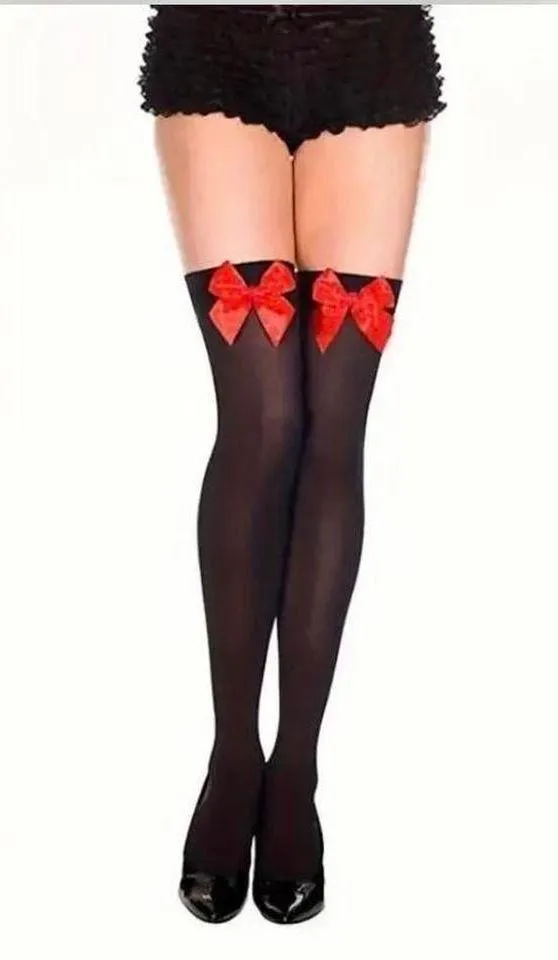Gothic Black and red bow thigh punk high emo stockings Goddess Witch Grunge - Image 6