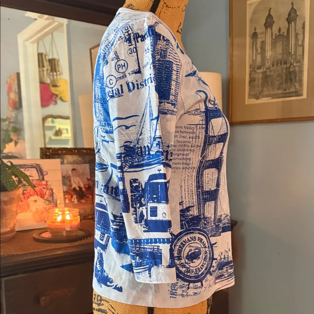 Glima Y2K Blue San Francisco Cityscape Graphic Print Women's Top NWOT Size L - Image 6