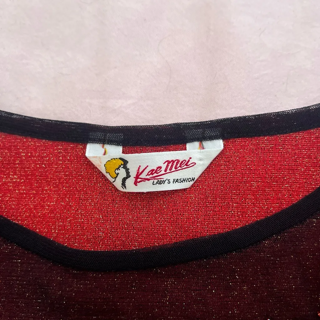 Whimsigoth Black and Red Floral Glitter Top Size M - Image 2