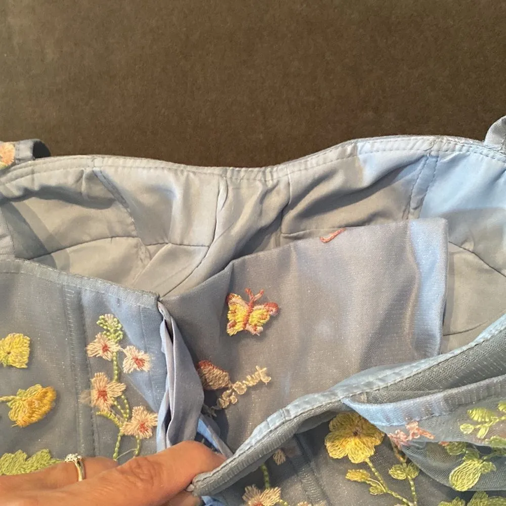 Women’s Blue Dress Embroidered Flowers & Butterflies Corset Back Size 8 **READ Blue - Image 10