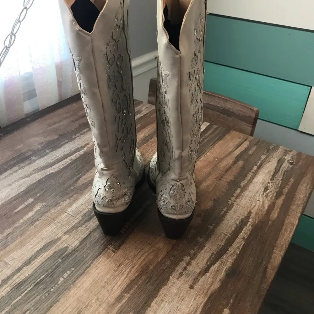 Retro Women's Cowgirl Cowboy Block Heel Mid Wide Calf Western Shoes Size 39 Silver - Image 4