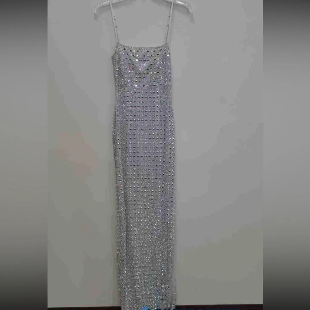 Oh Polly Prisha Silver Embellished Square Neck Evening Dress UK 6 US 2 NYE - Image 5