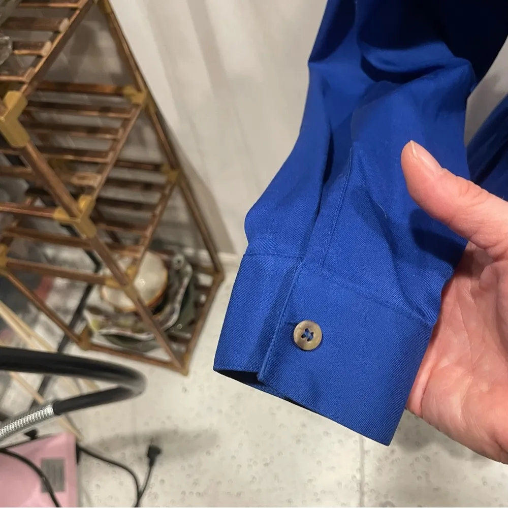 Vintage royal blue midi button front shirt dress chest pockets mod pleated - Image 4